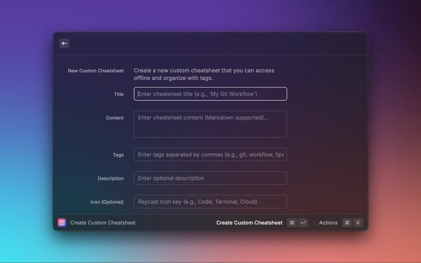 Form for creating a custom Markdown cheatsheet with tags and a description