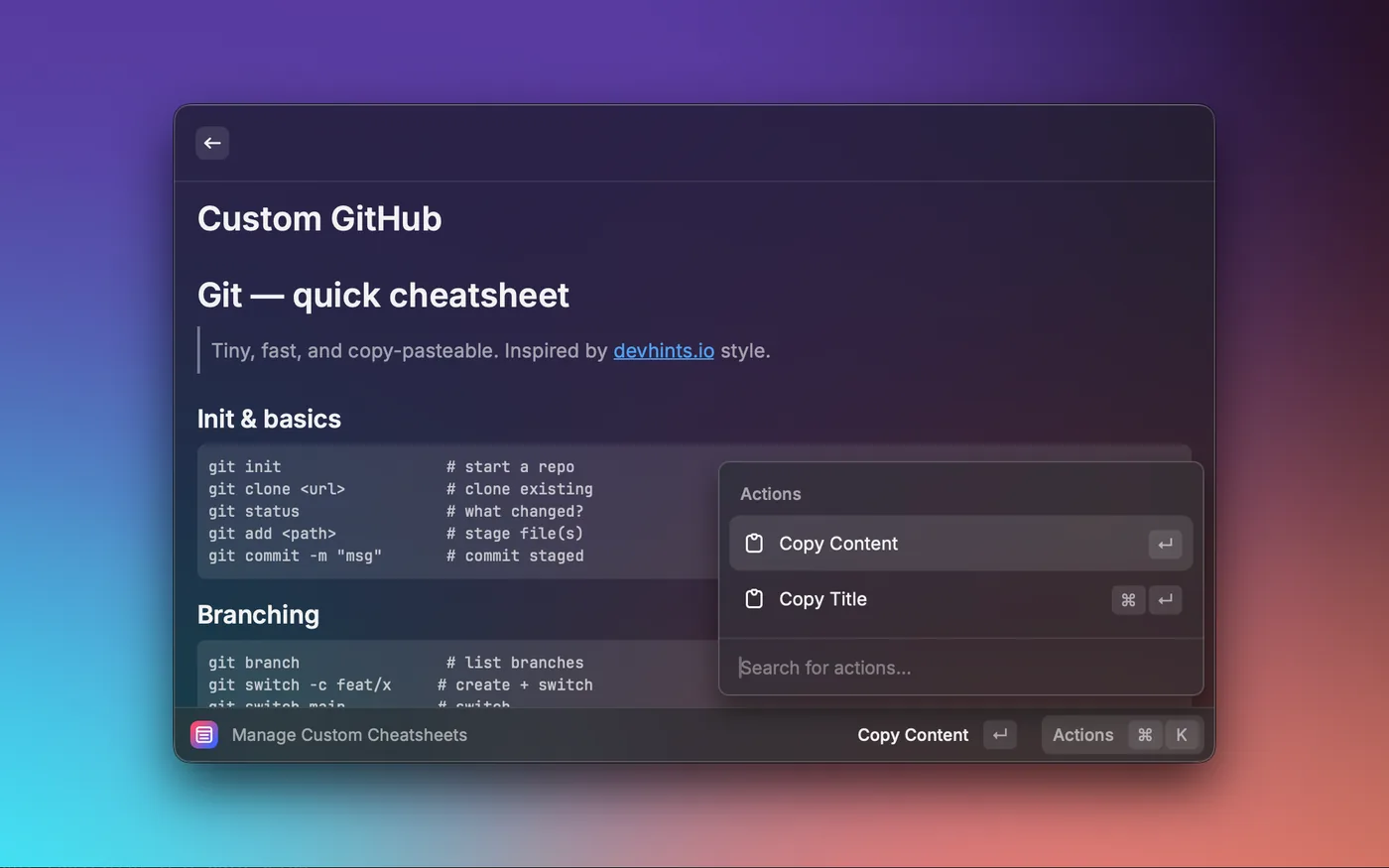 Custom GitHub cheatsheet displayed as rendered Markdown in Raycast