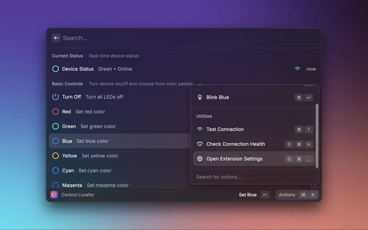 Luxafor Controller actions for blinking and testing the connection