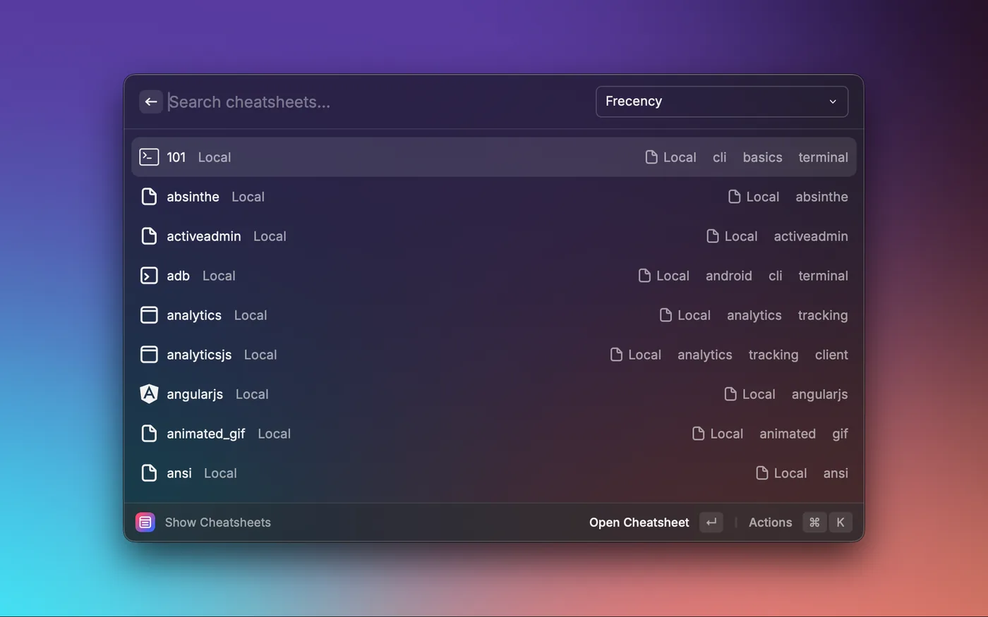 Cheatsheets Remastered list of technical references in the Raycast interface