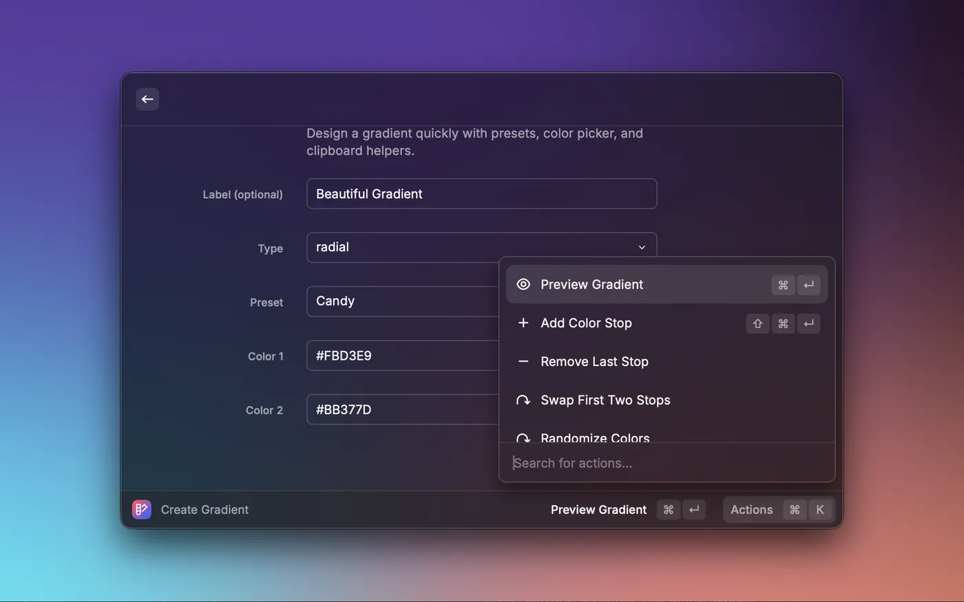 Gradient creation form with type, preset and colour controls