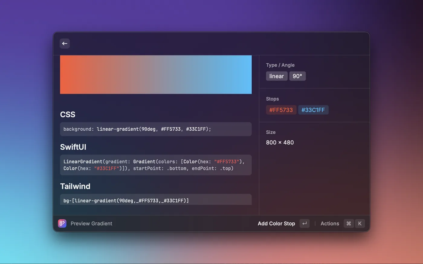 Gradient Generator preview with colour stops and CSS, SwiftUI and Tailwind snippets