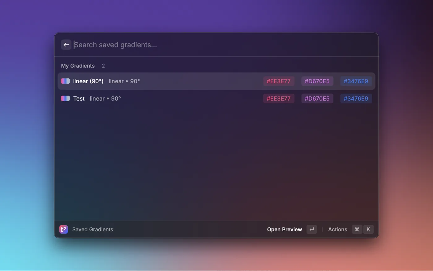 Saved gradients list in Raycast with colour swatches