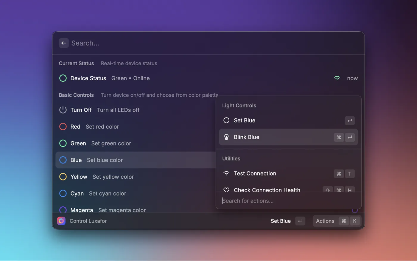 Luxafor Controller Raycast view with device controls and colour and blink actions