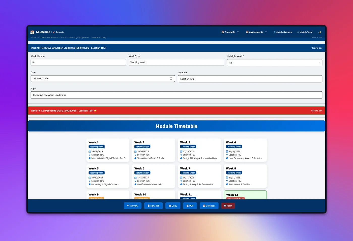 ModuMate timetable editor with weekly teaching cards and PDF and calendar export controls