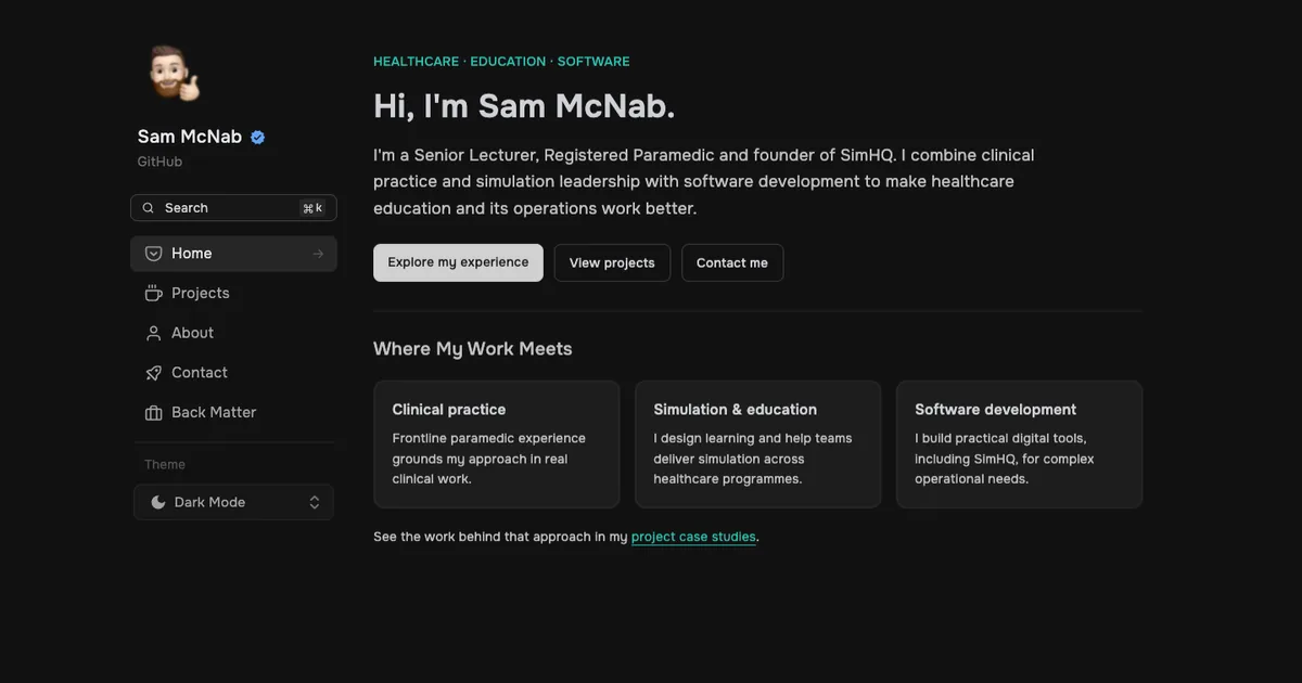 Homepage of Sam McNab’s portfolio website